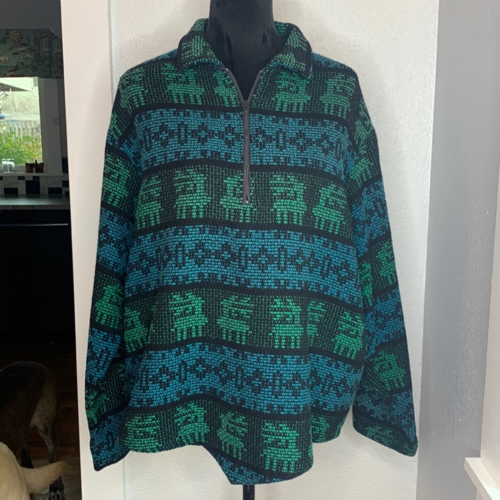 Baskin blue green reindeer 100% wool knit 1/4 zip pullover ethnic boho hippie